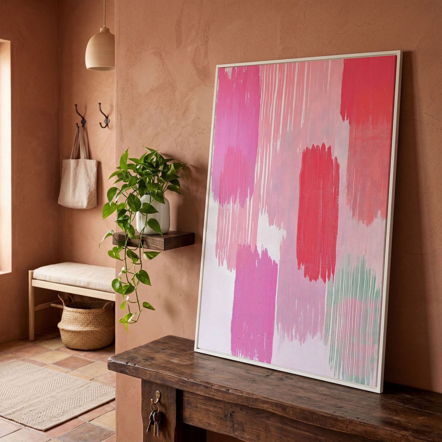 Pink Brushstrokes Canvas Print in white floating frame
