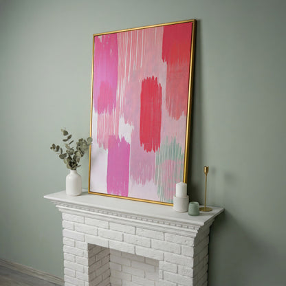 Pink Brushstrokes Canvas Print in yellow gold floating frame