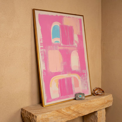 Abstract Pink Arch Canvas with Boho Accents in antique gold floating frame