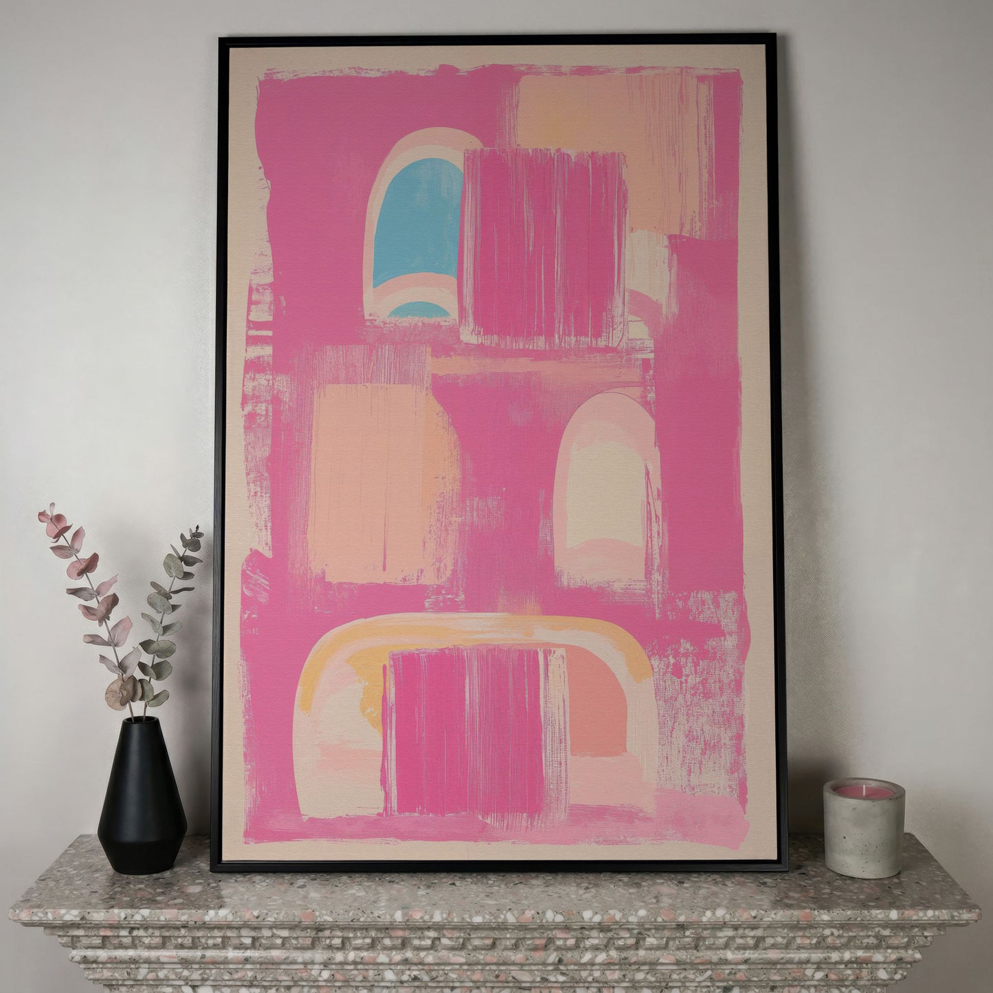 Abstract Pink Arch Canvas with Boho Accents in black floating frame