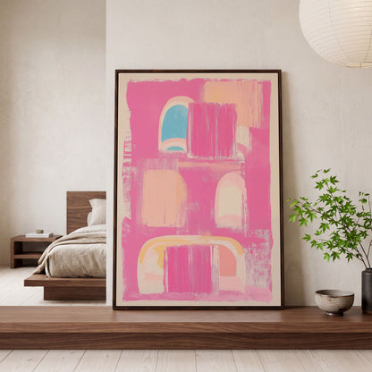 Abstract Pink Arch Canvas with Boho Accents in dark walnut floating frame