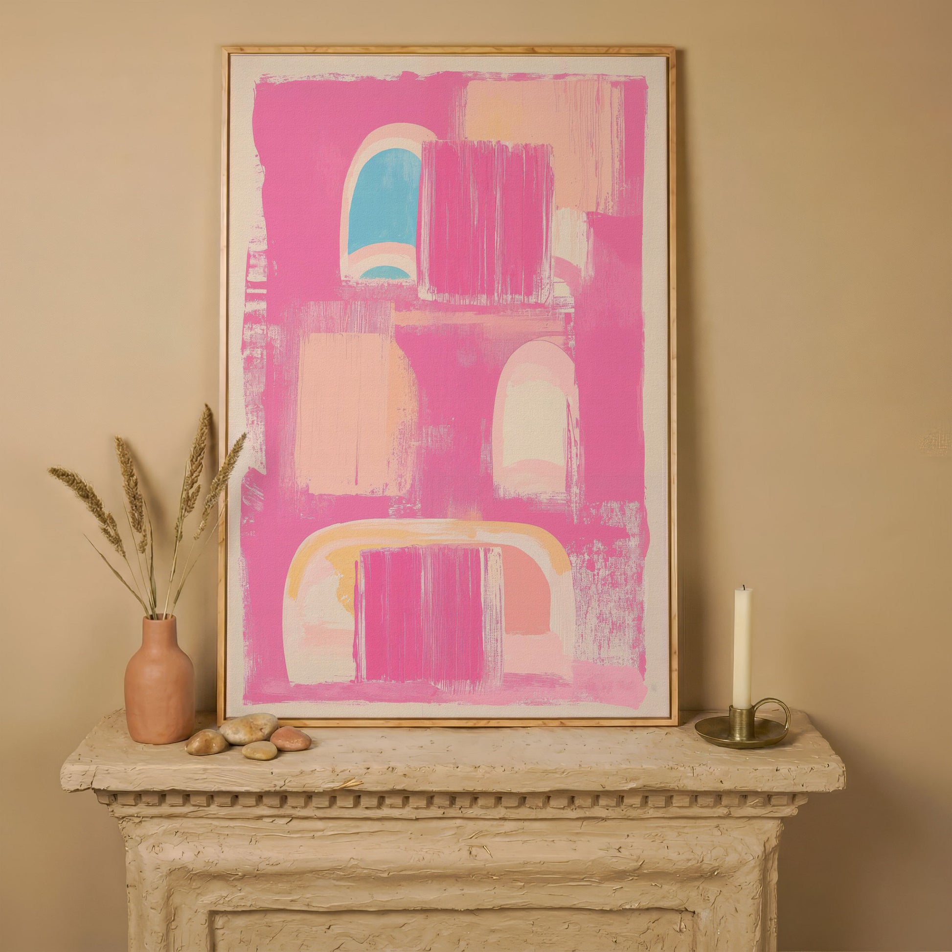 Abstract Pink Arch Canvas with Boho Accents in white oak floating frame