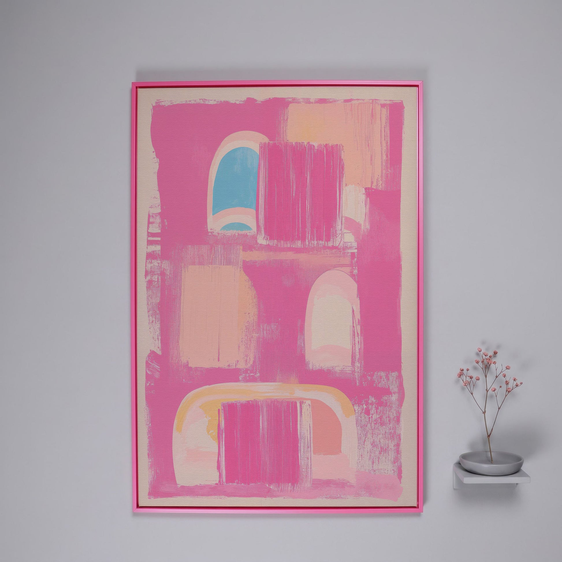 Abstract Pink Arch Canvas with Boho Accents in pink floating frame