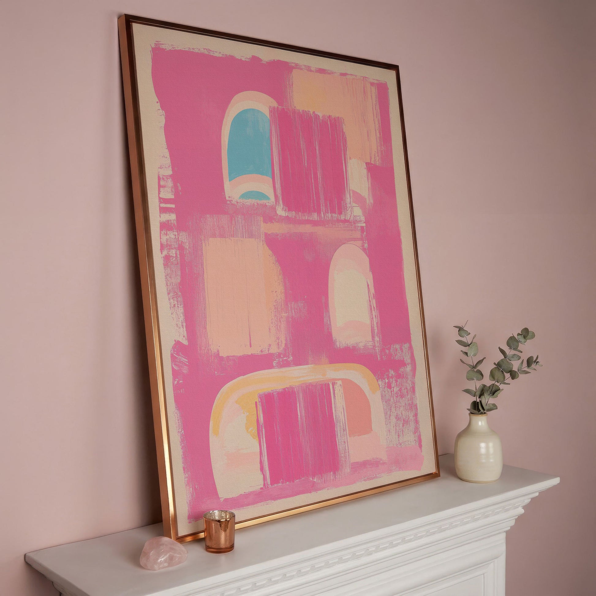 Abstract Pink Arch Canvas with Boho Accents in rose gold floating frame