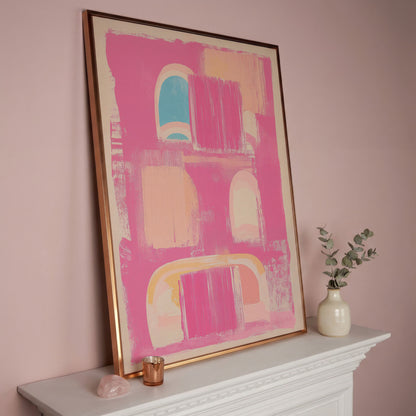 Abstract Pink Arch Canvas with Boho Accents in rose gold floating frame