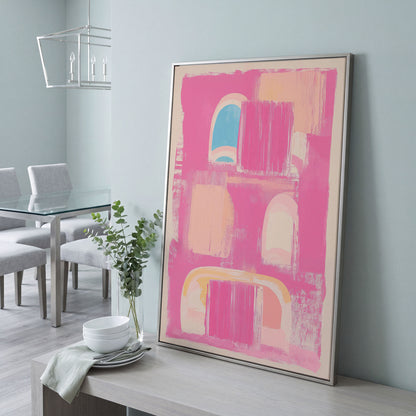 Abstract Pink Arch Canvas with Boho Accents in silver floating frame