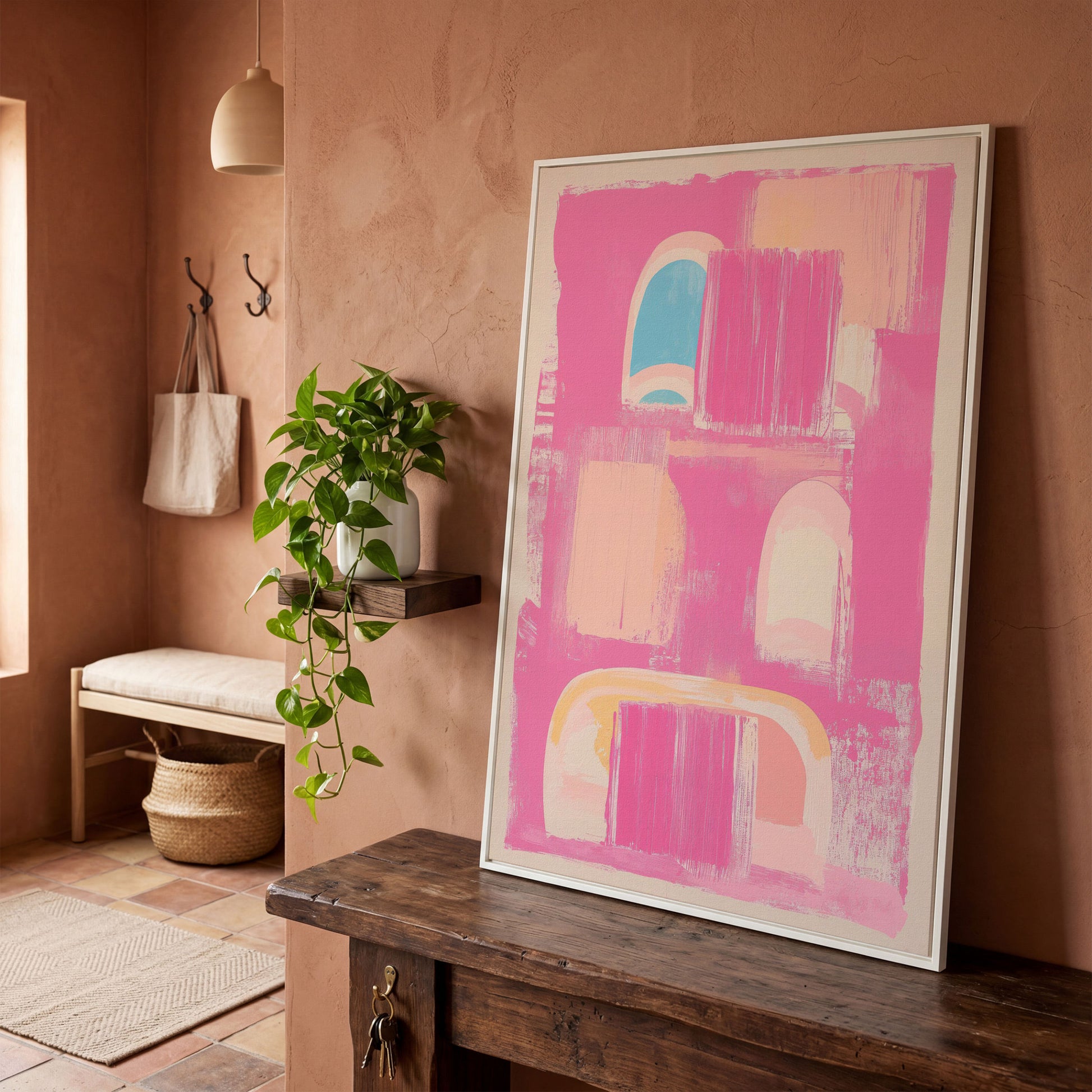 Abstract Pink Arch Canvas with Boho Accents in white floating frame