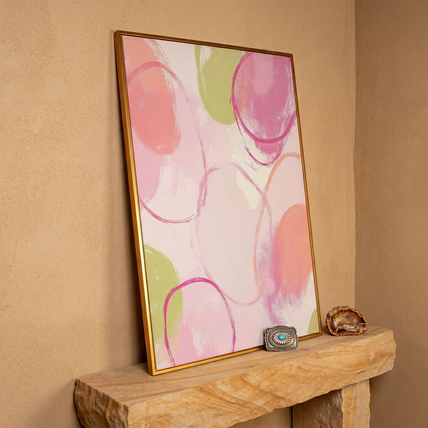 Abstract Pastel Pink and Green Canvas Print in antique gold floating frame