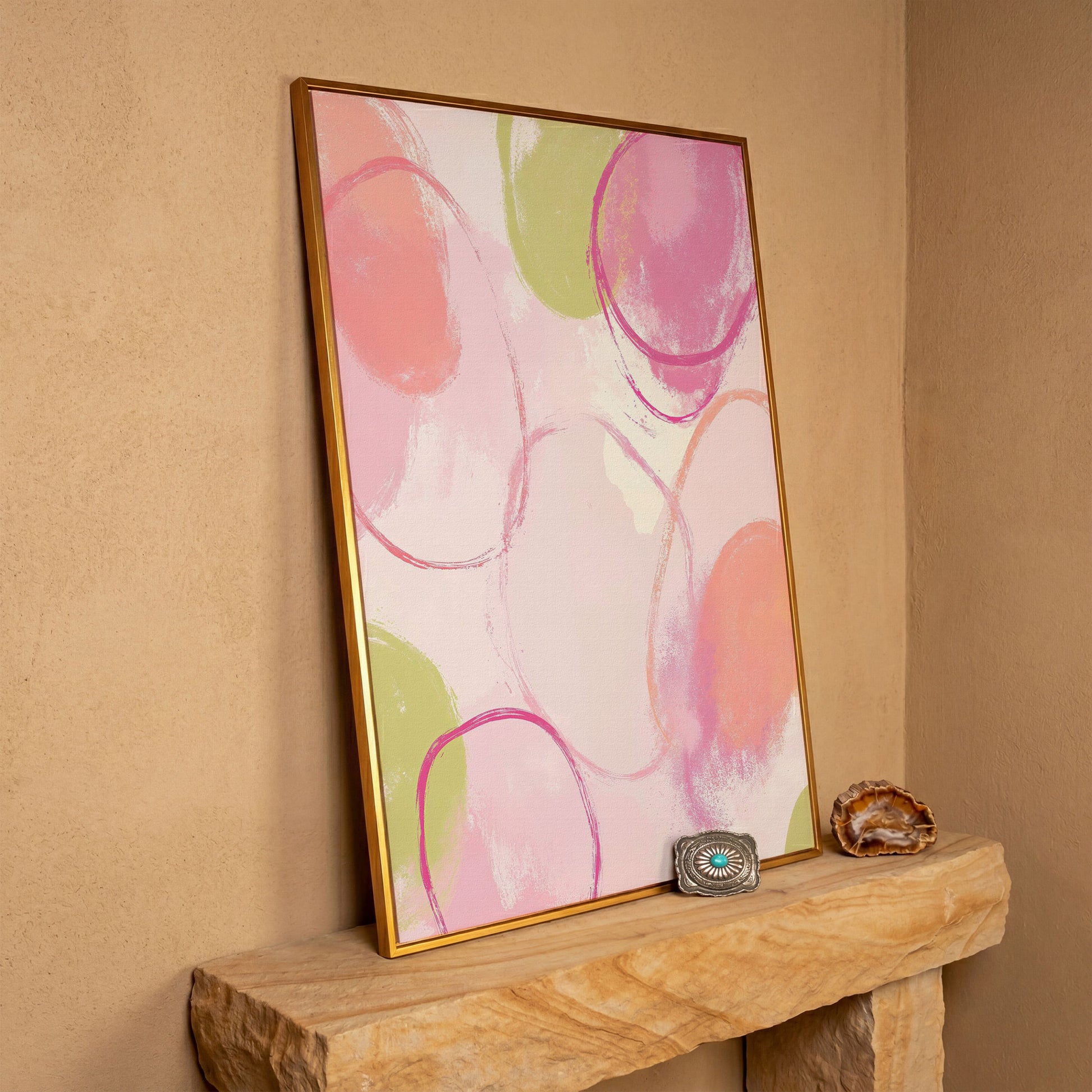 Abstract Pastel Pink and Green Canvas Print in antique gold floating frame