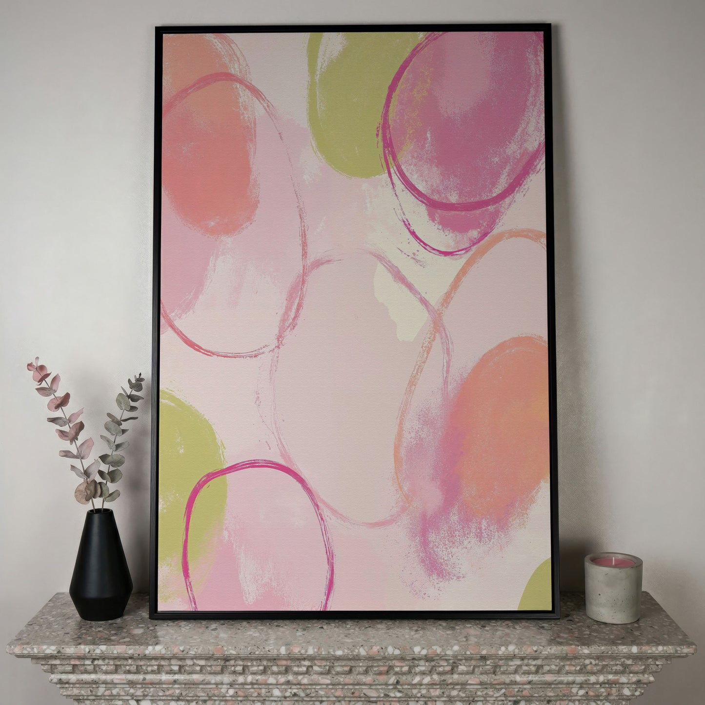 Abstract Pastel Pink and Green Canvas Print in black floating frame
