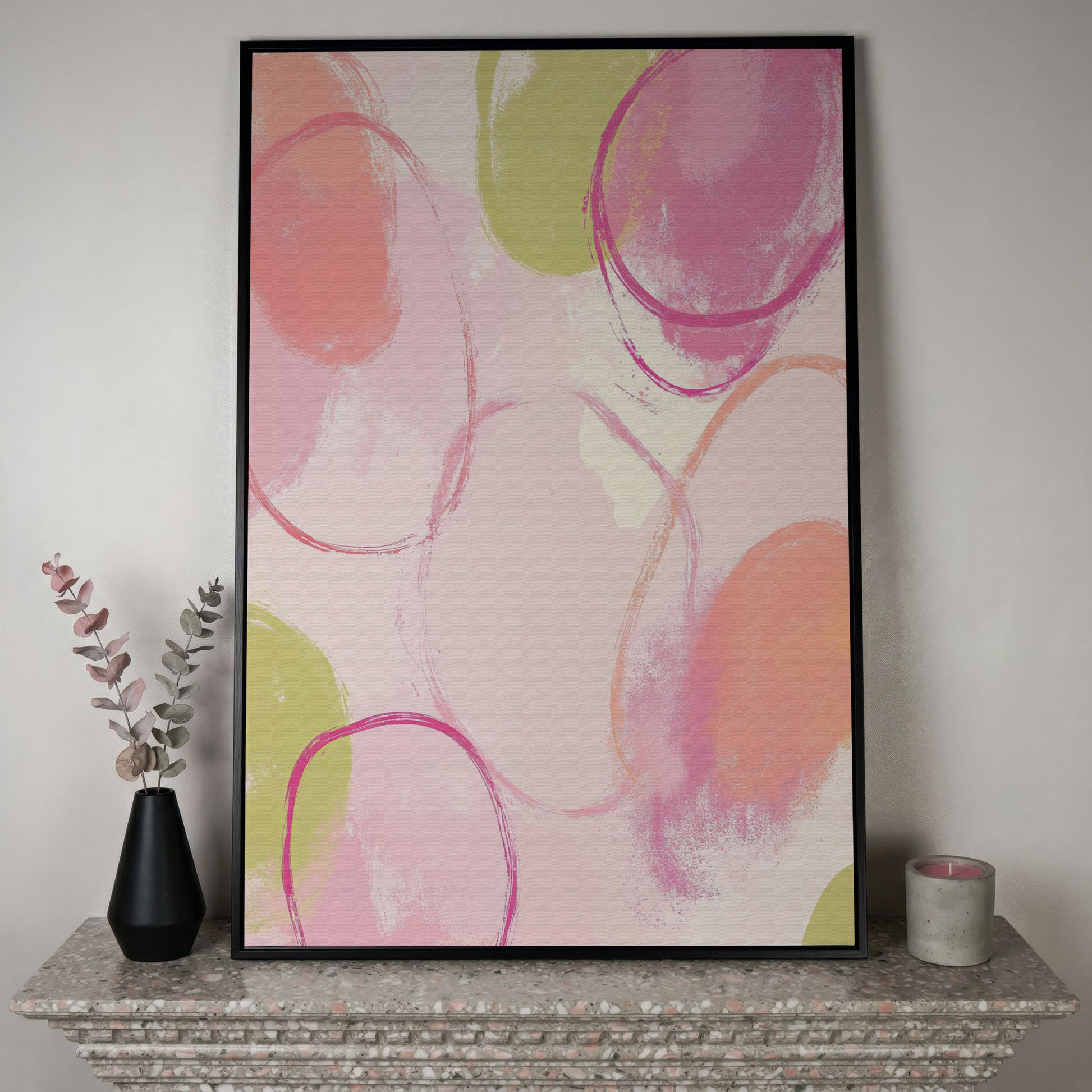 Abstract Pastel Pink and Green Canvas Print in black floating frame