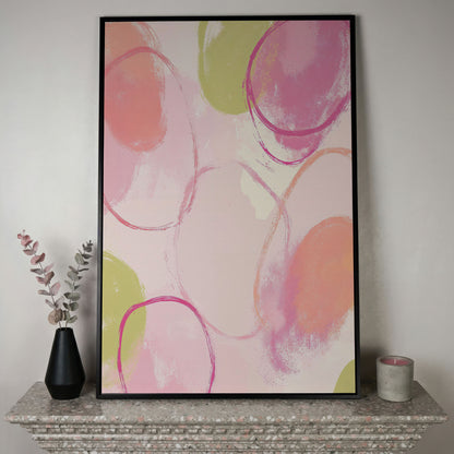 Abstract Pastel Pink and Green Canvas Print in black floating frame