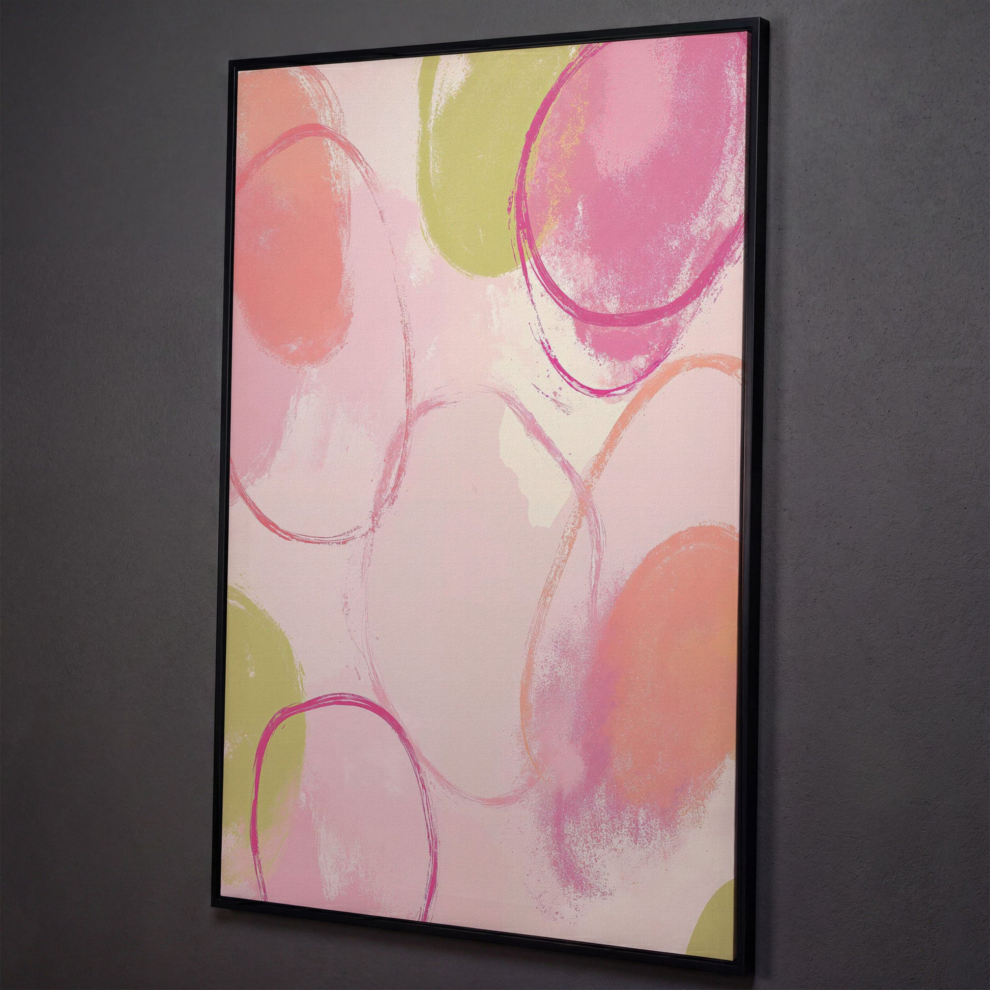 Abstract Pastel Pink and Green Canvas Print shown in black floating frame