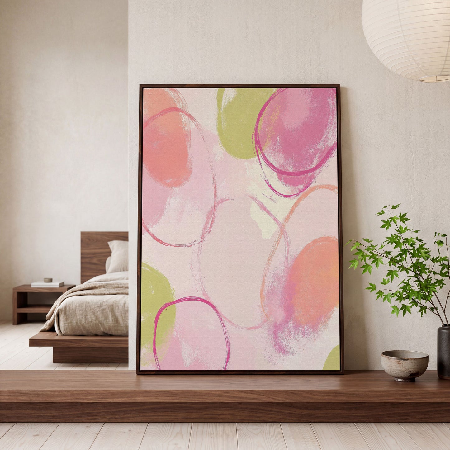 Abstract Pastel Pink and Green Canvas Print in dark walnut floating frame