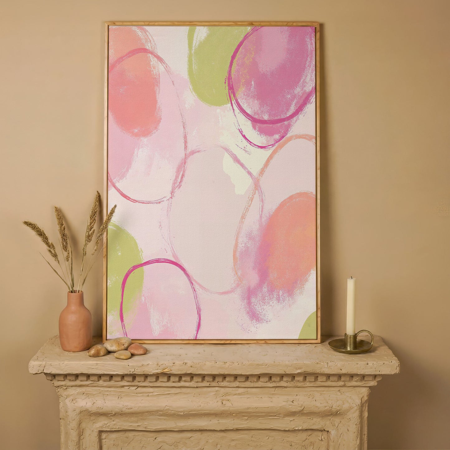 Abstract Pastel Pink and Green Canvas Print in white oak floating frame