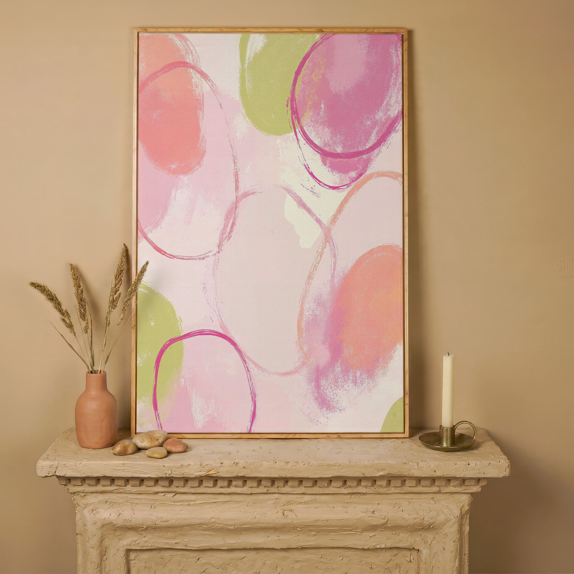 Abstract Pastel Pink and Green Canvas Print in white oak floating frame