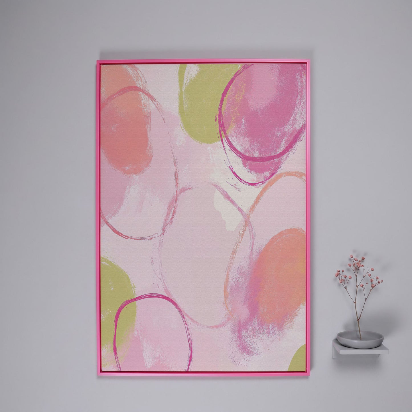 Abstract Pastel Pink and Green Canvas Print in pink floating frame