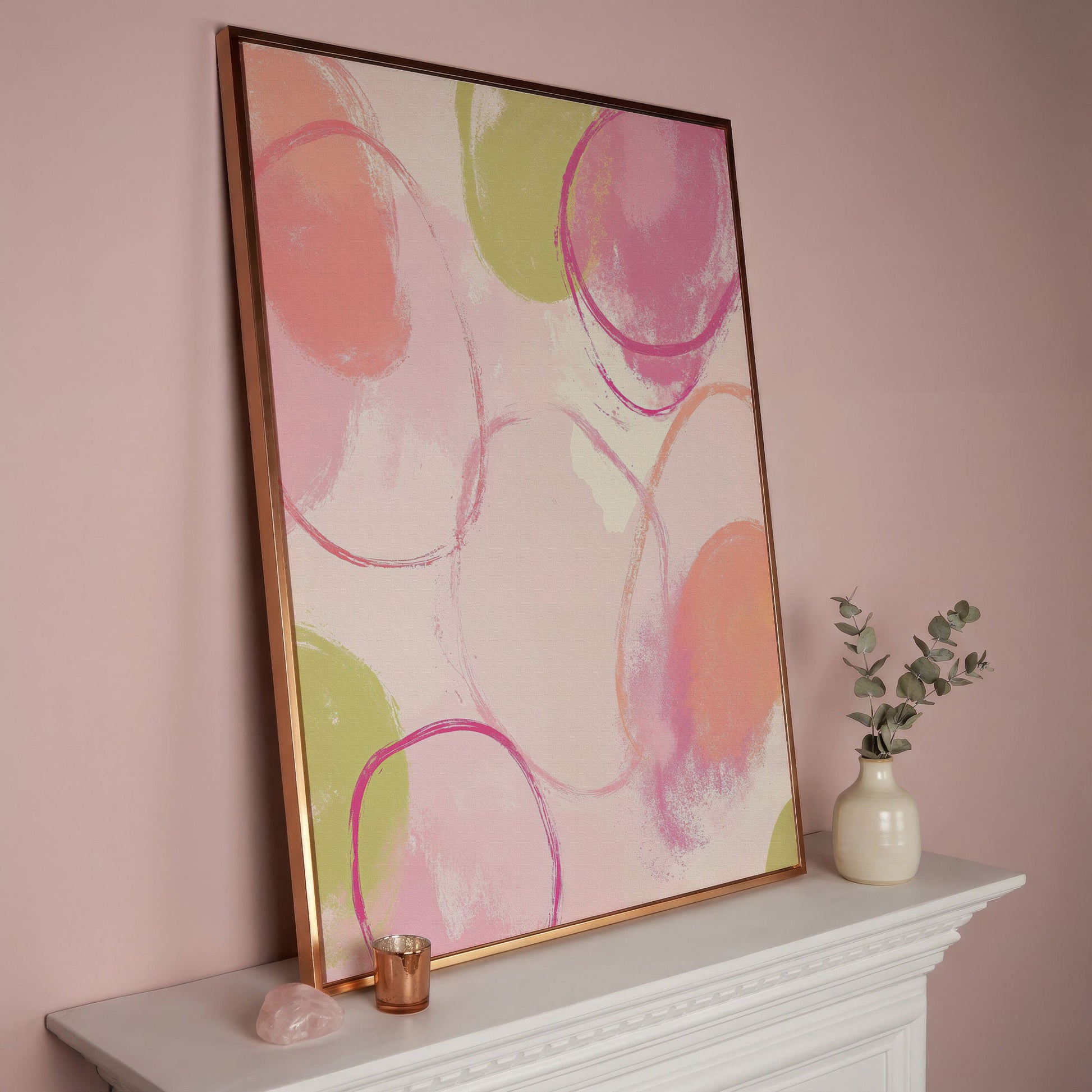 Abstract Pastel Pink and Green Canvas Print in rose gold floating frame