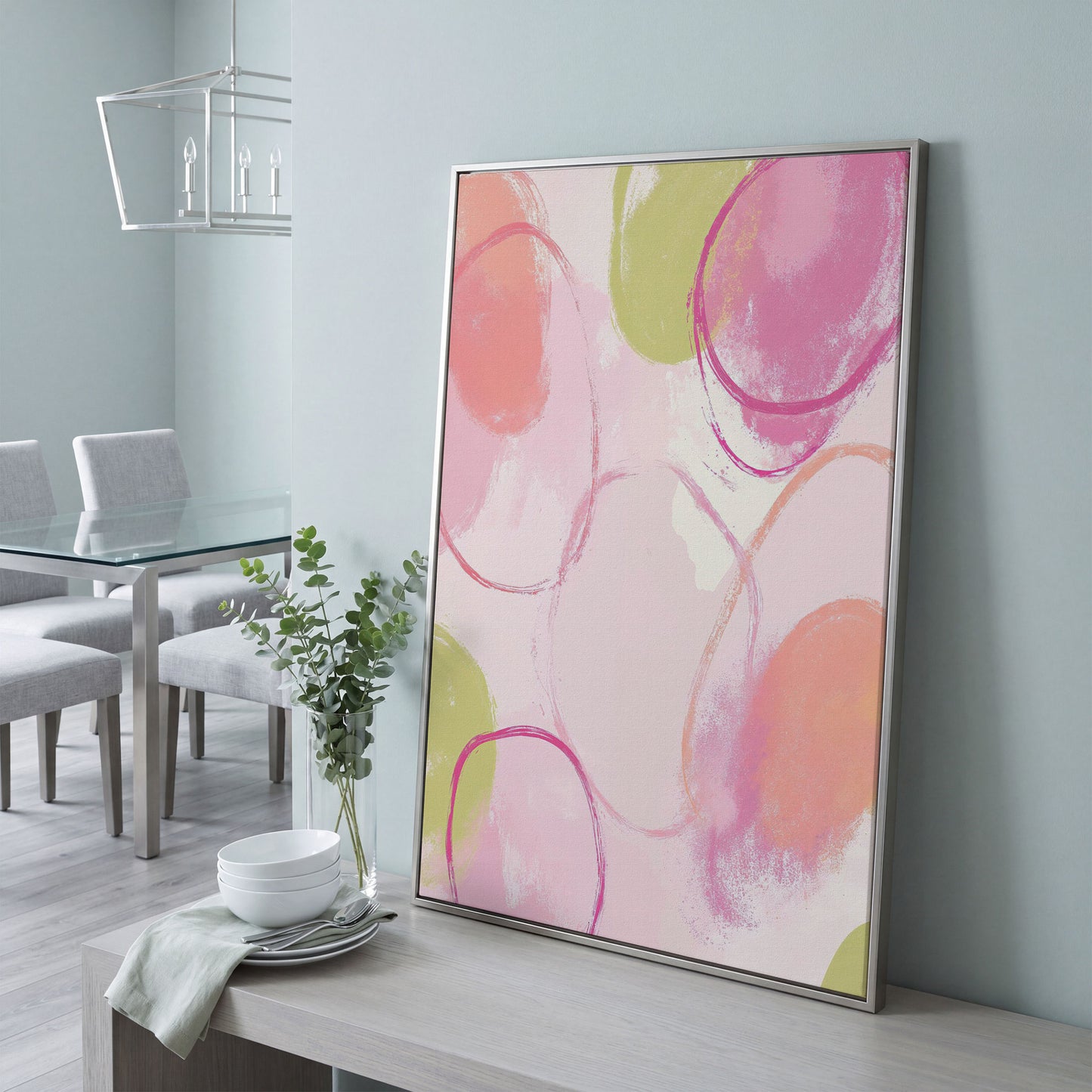 Abstract Pastel Pink and Green Canvas Print in silver floating frame