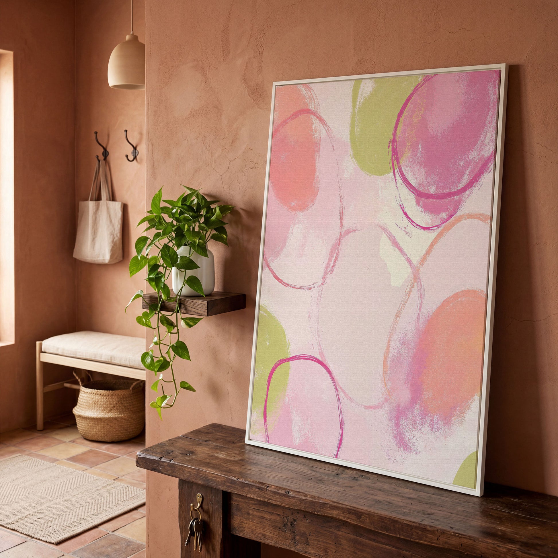 Abstract Pastel Pink and Green Canvas Print in white floating frame