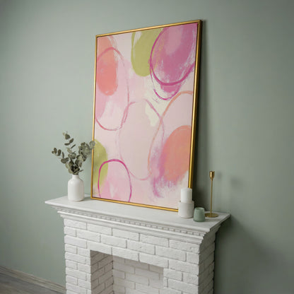 Abstract Pastel Pink and Green Canvas Print in yellow gold floating frame