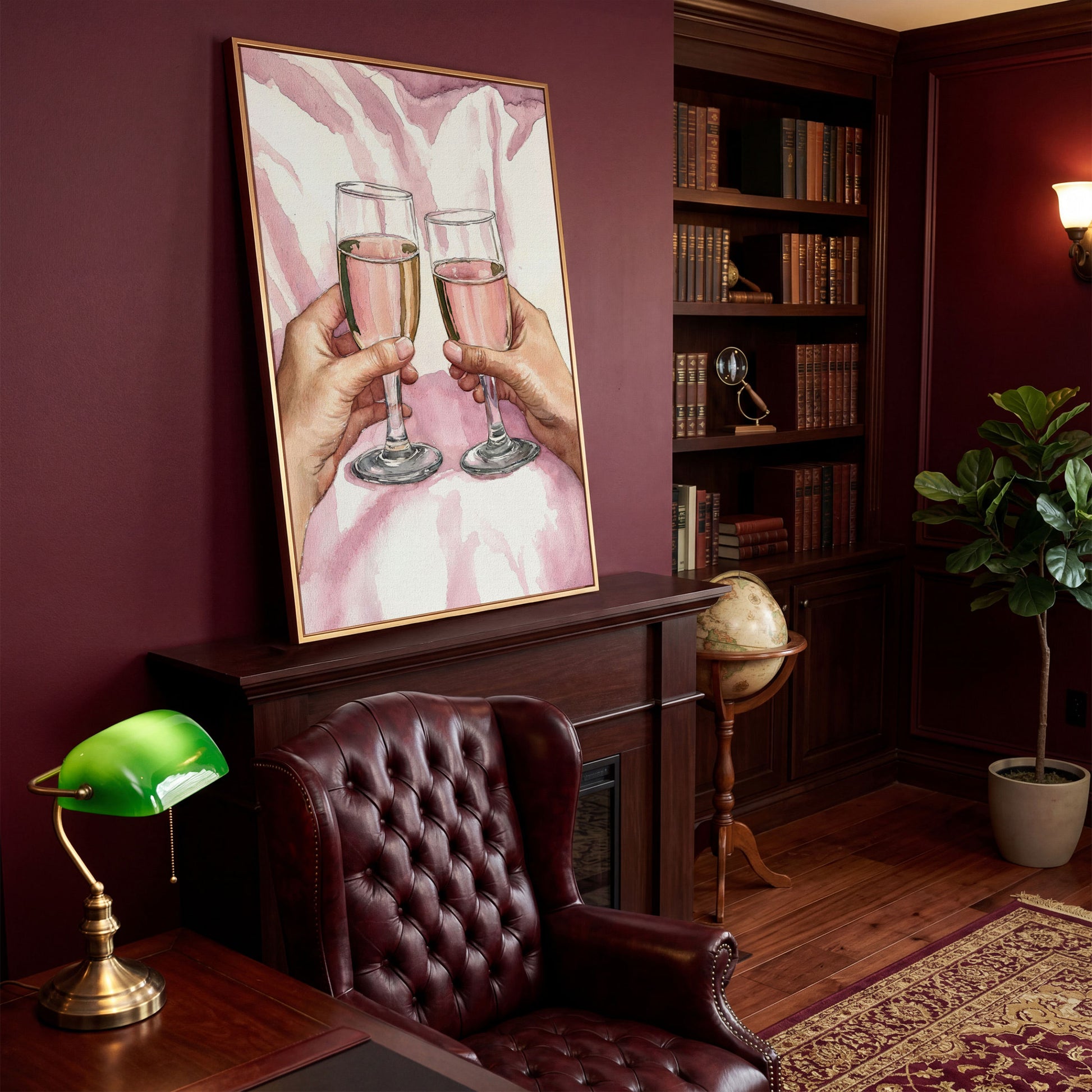 Pink Celebration Wine Glasses Canvas Print in antique gold floating frame
