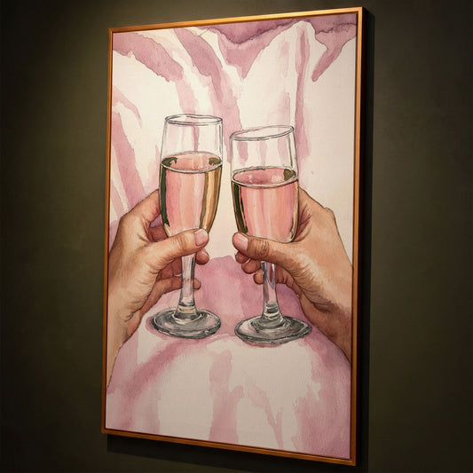 Pink Celebration Wine Glasses Canvas Print shown in antique gold floating frame