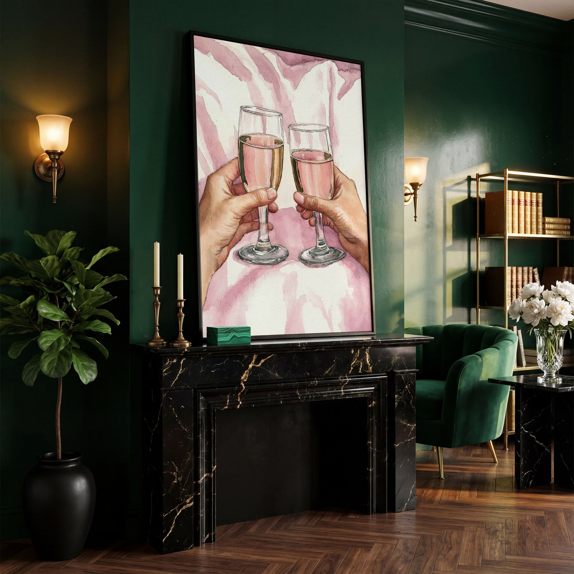 Pink Celebration Wine Glasses Canvas Print in black floating frame