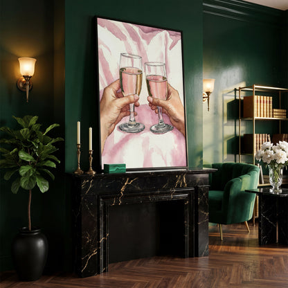 Pink Celebration Wine Glasses Canvas Print in black floating frame