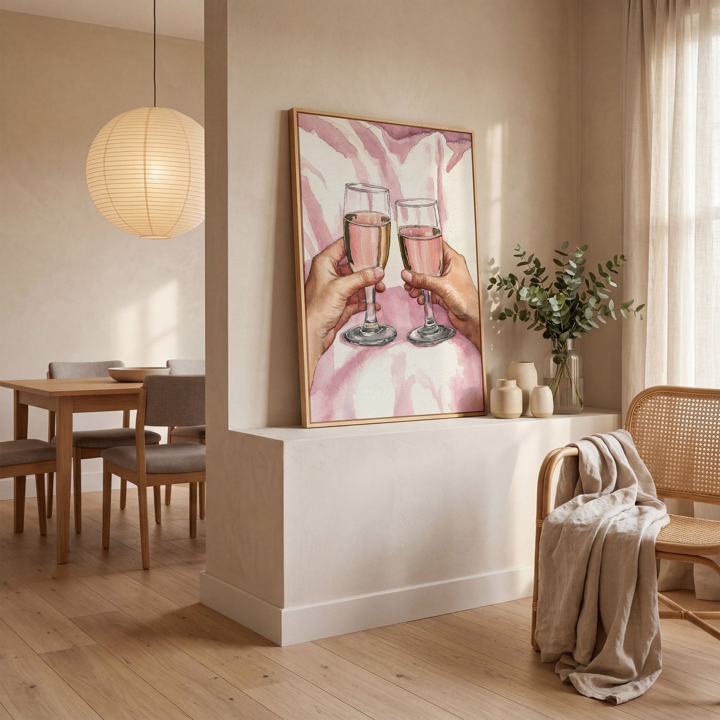 Pink Celebration Wine Glasses Canvas Print in white oak floating frame