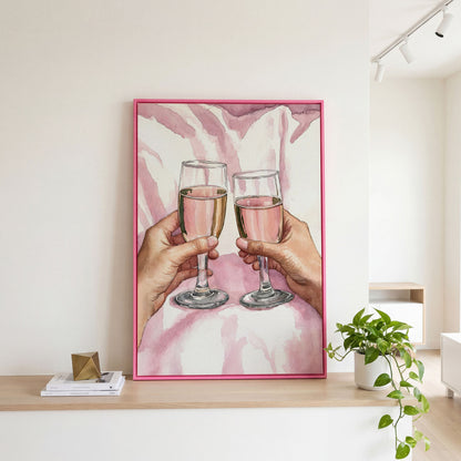 Pink Celebration Wine Glasses Canvas Print in pink floating frame