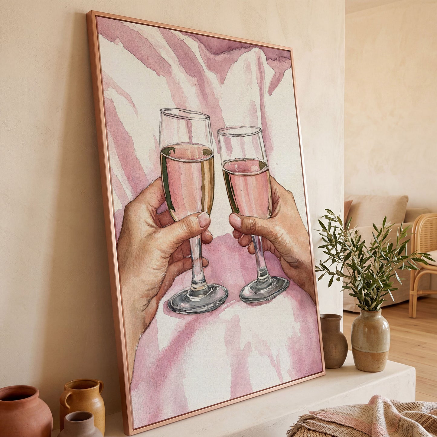 Pink Celebration Wine Glasses Canvas Print in rose gold floating frame
