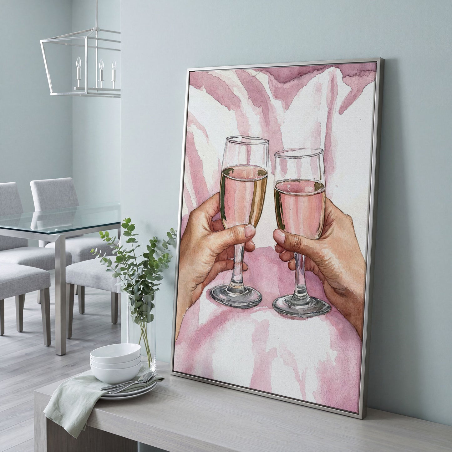Pink Celebration Wine Glasses Canvas Print in silver floating frame