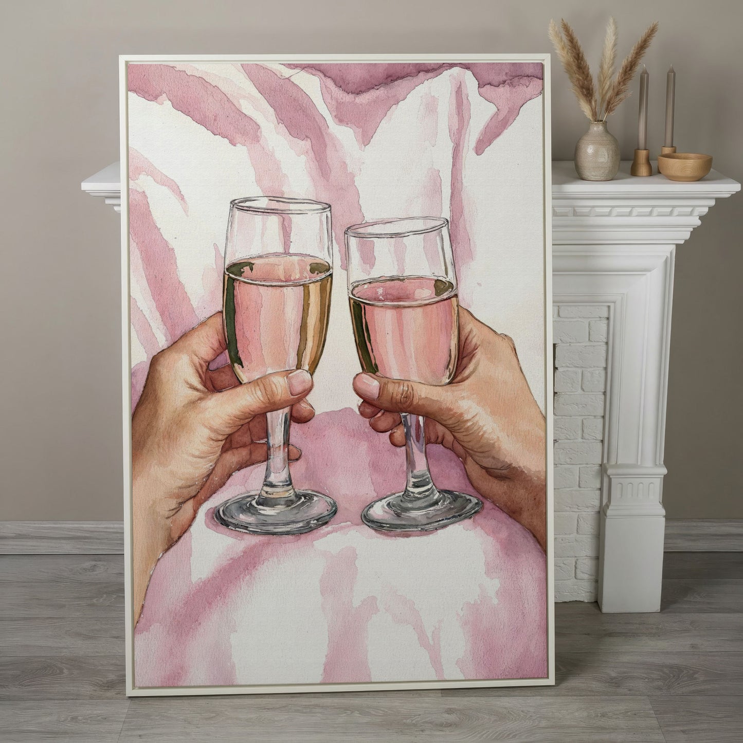 Pink Celebration Wine Glasses Canvas Print in white floating frame