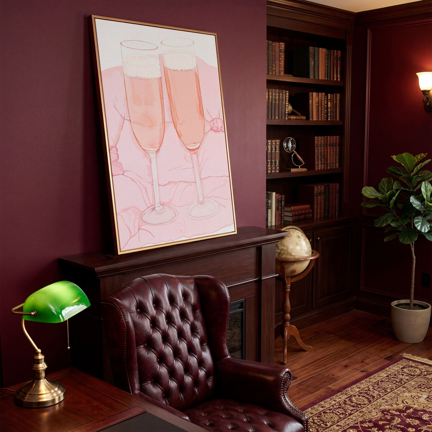 Pink Champagne Glasses Canvas Print in antique gold floating frame