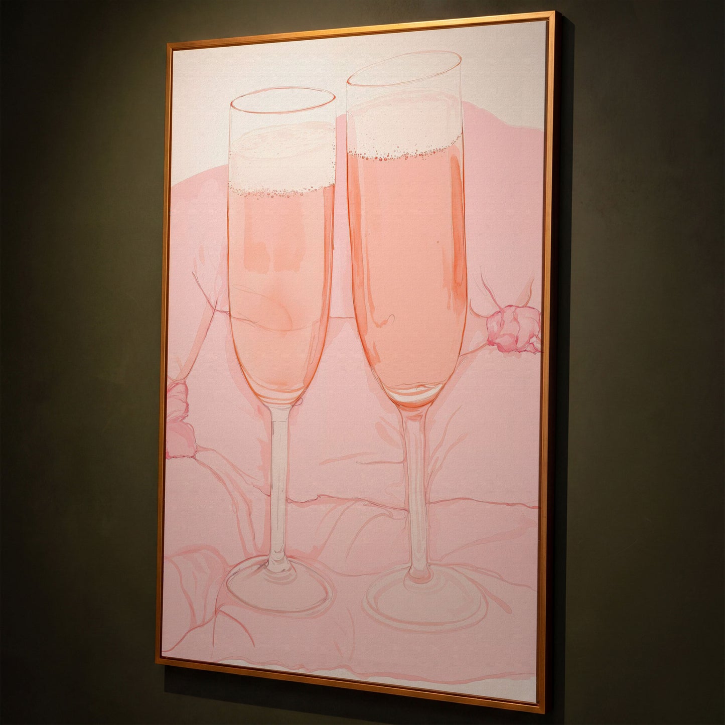 Pink Champagne Glasses Canvas Print shown in antique gold floating frame