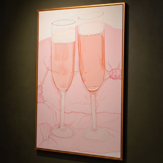 Pink Champagne Glasses Canvas Print shown in antique gold floating frame