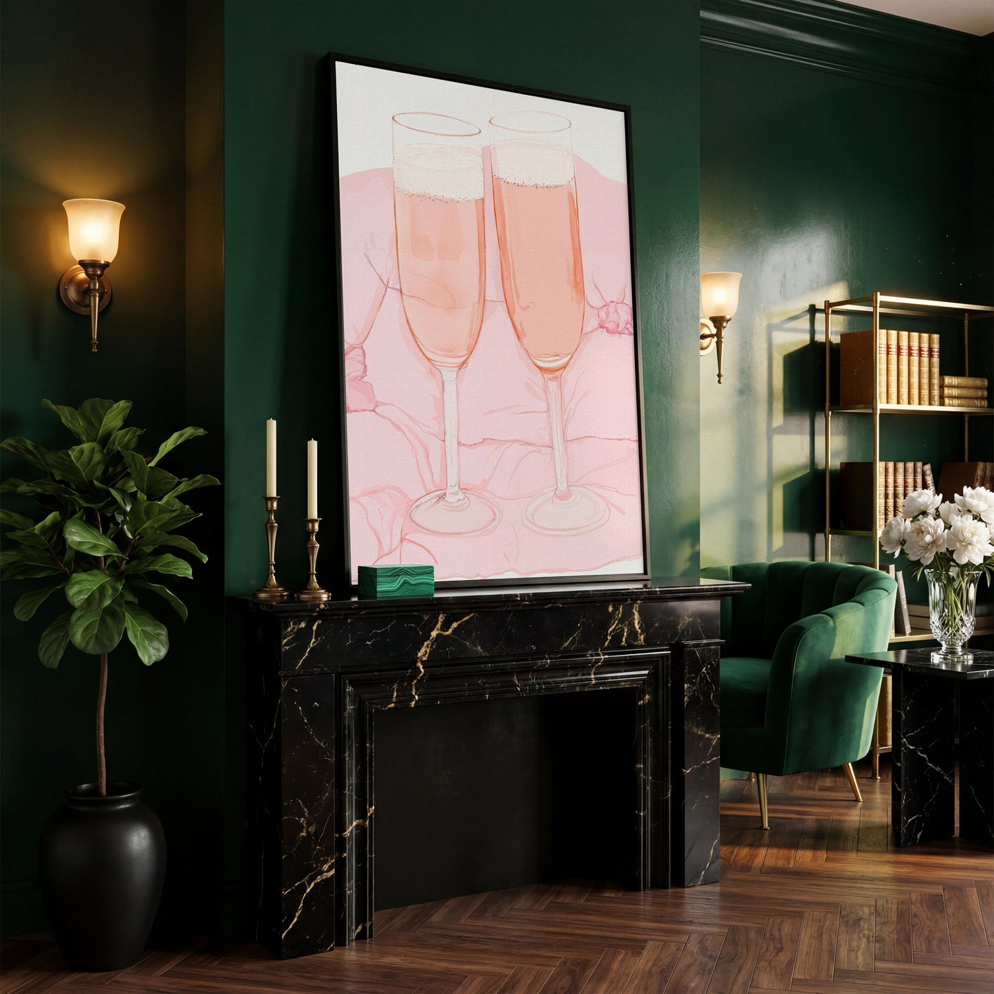 Pink Champagne Glasses Canvas Print in black floating frame