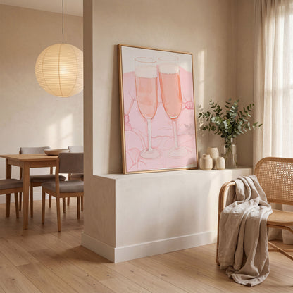 Pink Champagne Glasses Canvas Print in white oak floating frame
