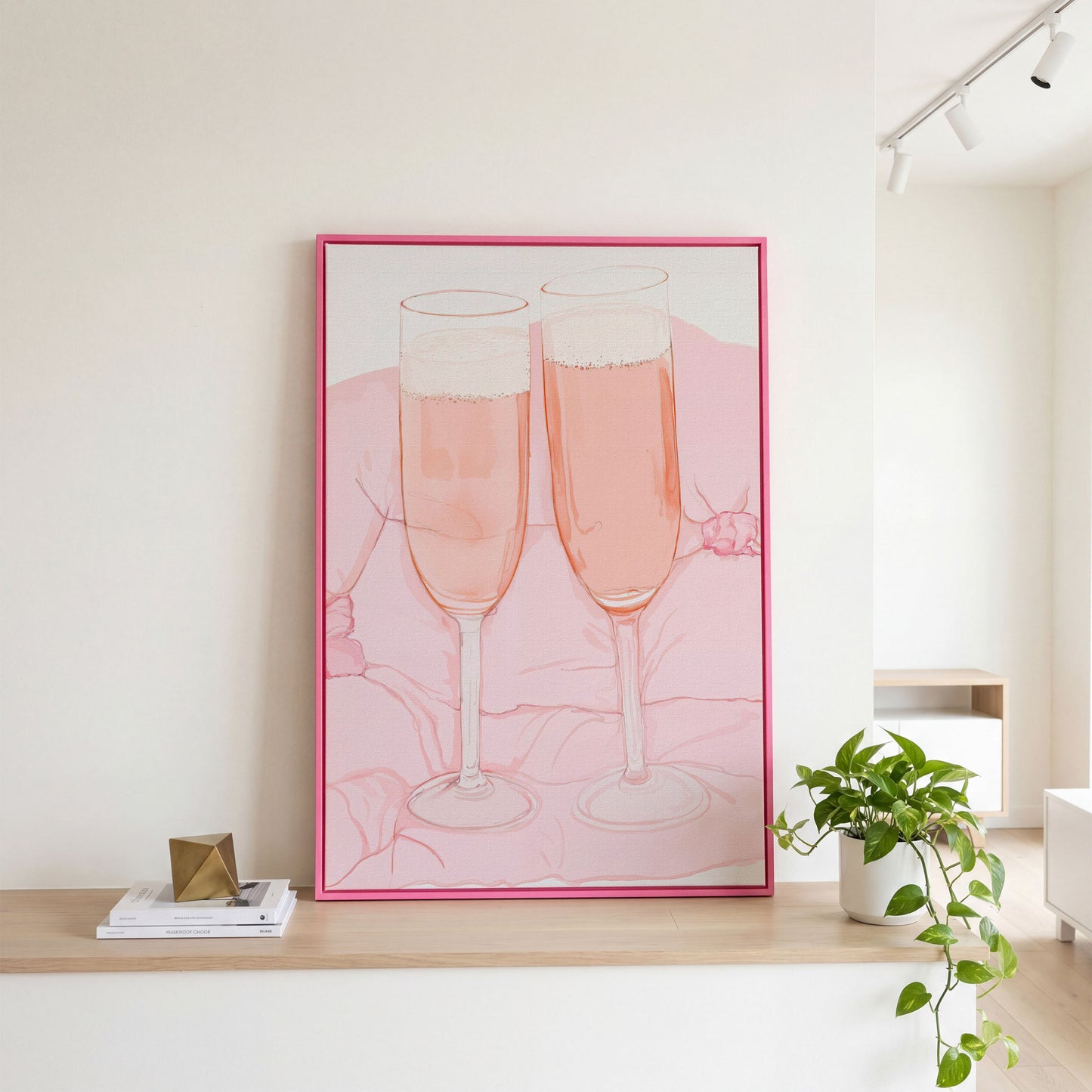 Pink Champagne Glasses Canvas Print in pink floating frame