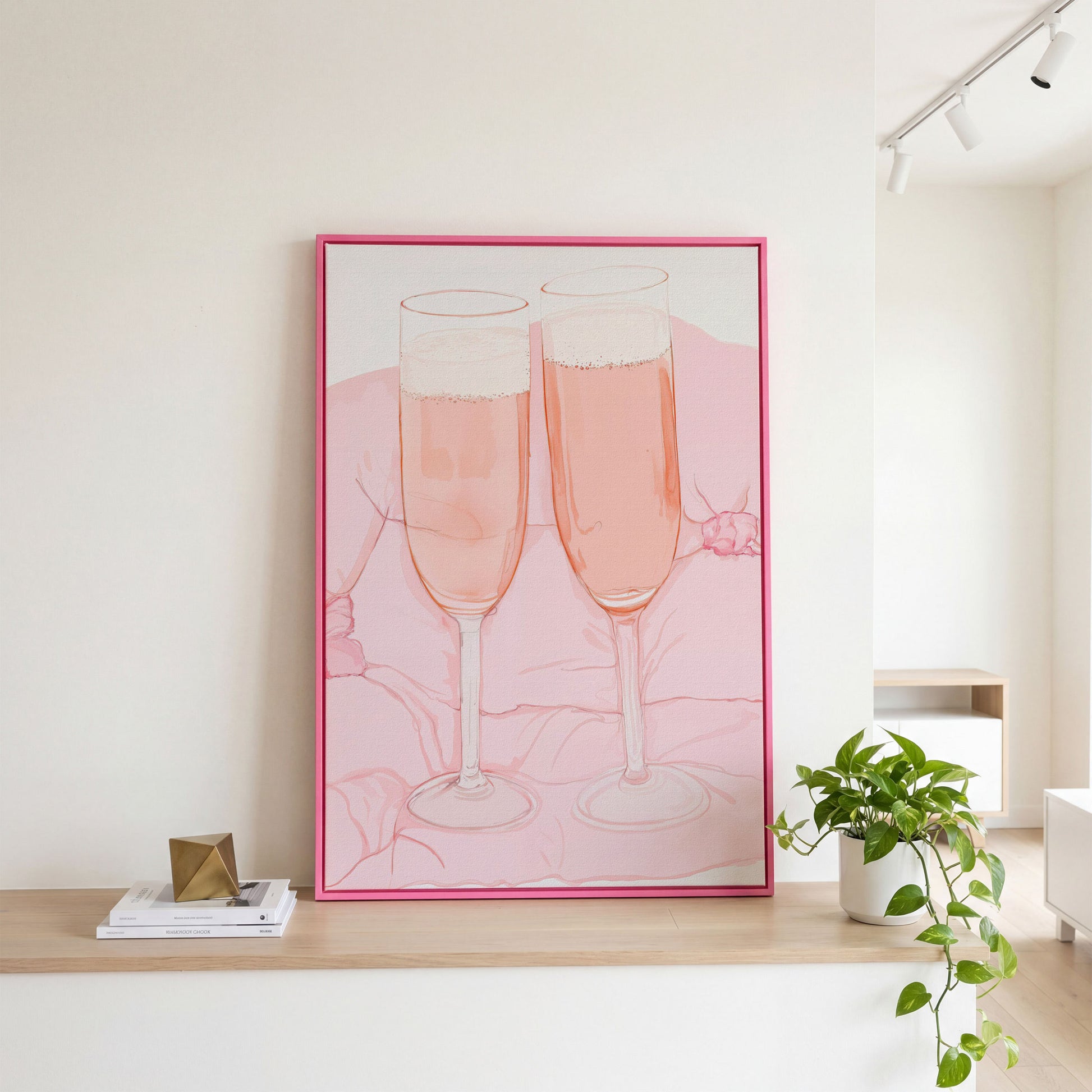 Pink Champagne Glasses Canvas Print in pink floating frame