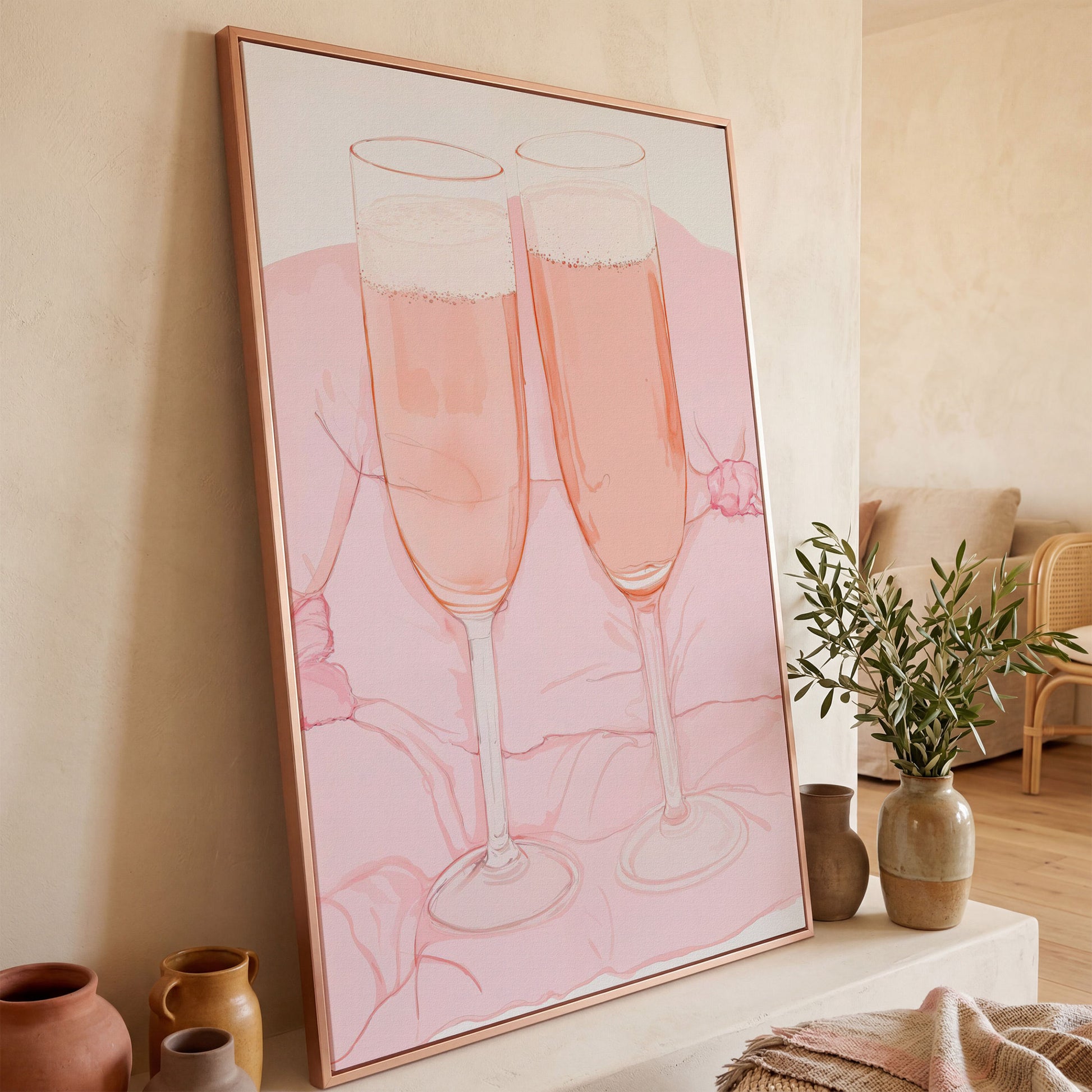 Pink Champagne Glasses Canvas Print in rose gold floating frame