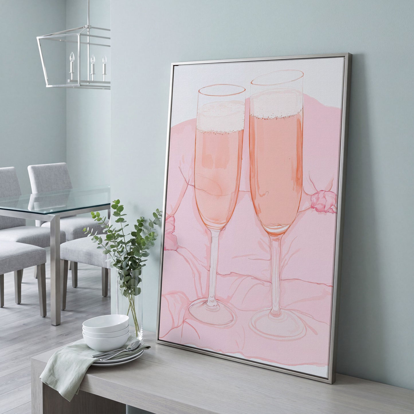 Pink Champagne Glasses Canvas Print in silver floating frame