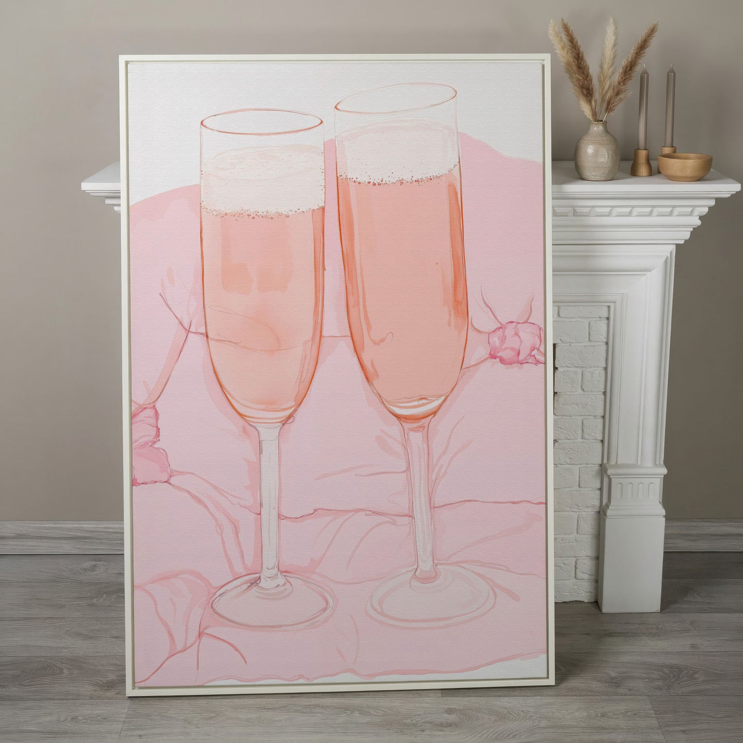 Pink Champagne Glasses Canvas Print in white floating frame