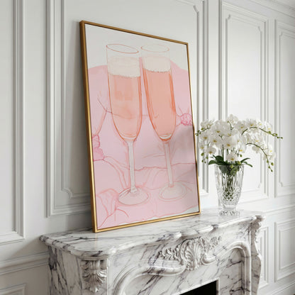 Pink Champagne Glasses Canvas Print in yellow gold floating frame