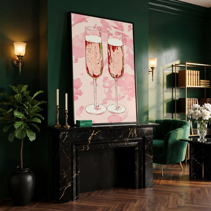 Champagne Watercolor Canvas in Pink in black floating frame