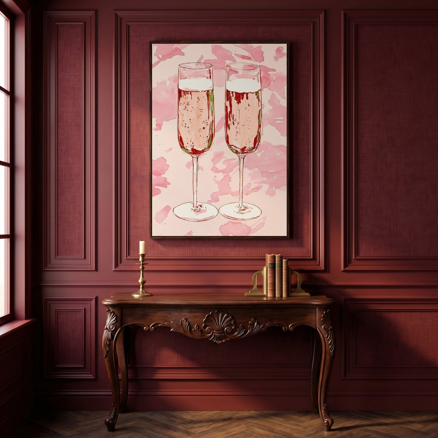 Champagne Watercolor Canvas in Pink in dark walnut floating frame