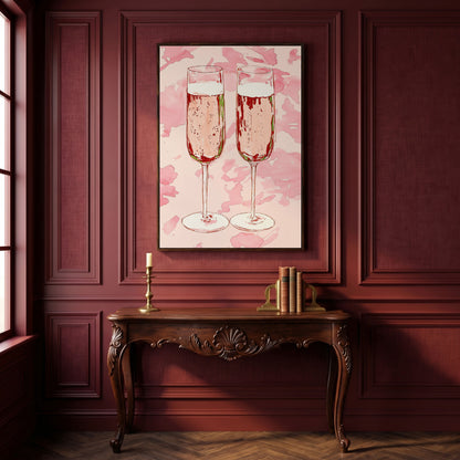 Champagne Watercolor Canvas in Pink in dark walnut floating frame