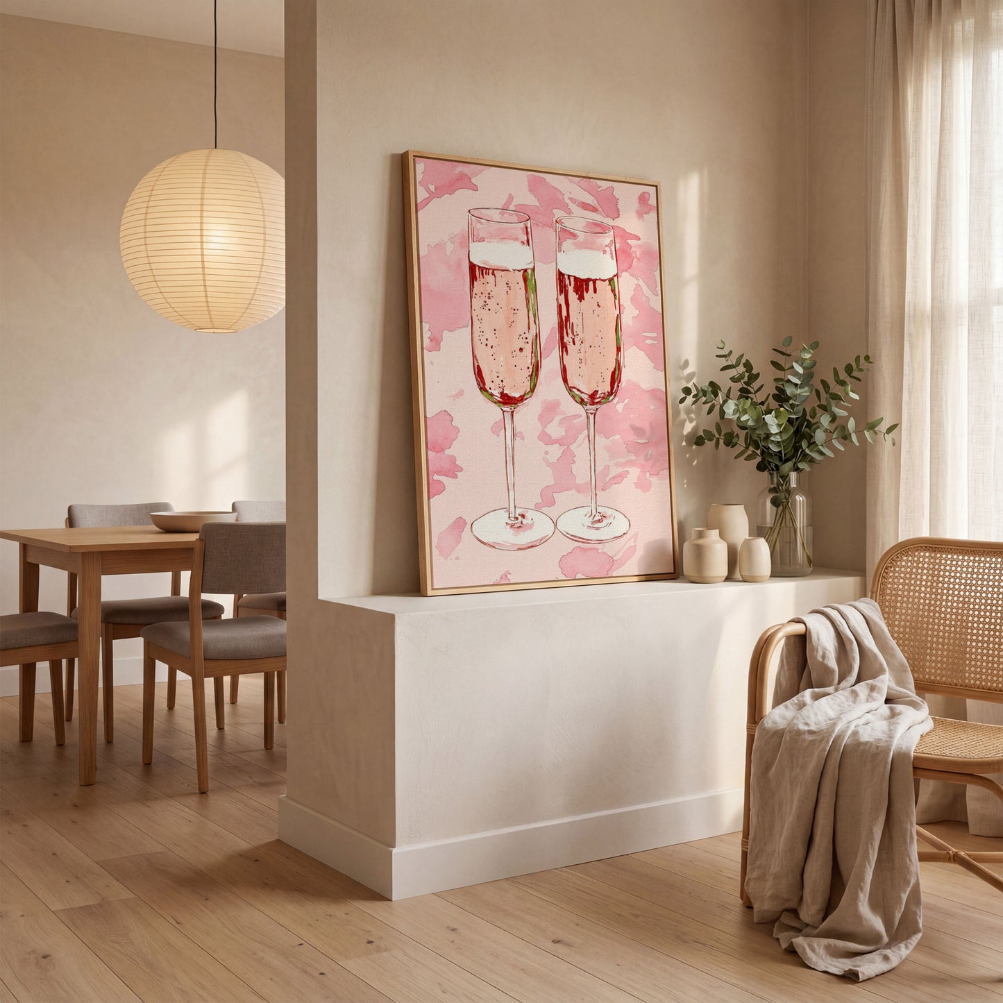 Champagne Watercolor Canvas in Pink in white oak floating frame