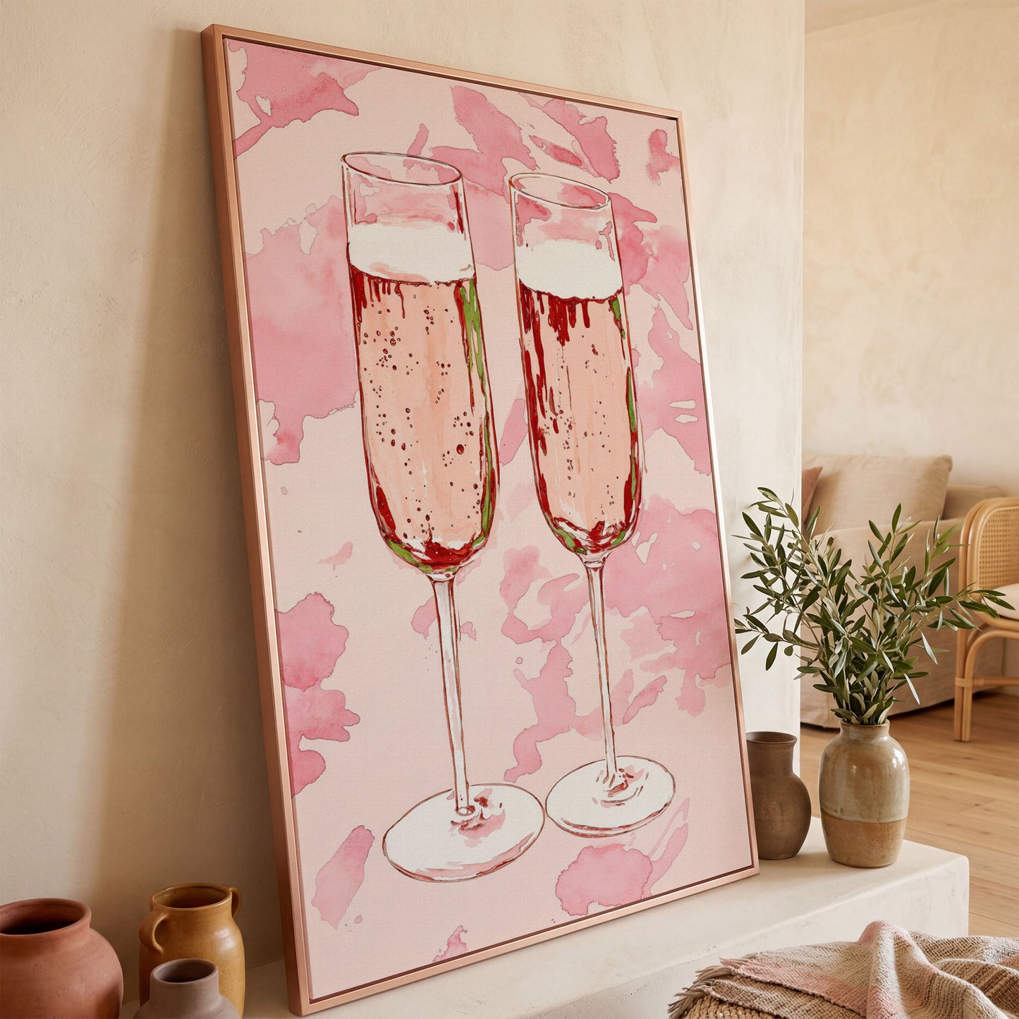 Champagne Watercolor Canvas in Pink in rose gold floating frame